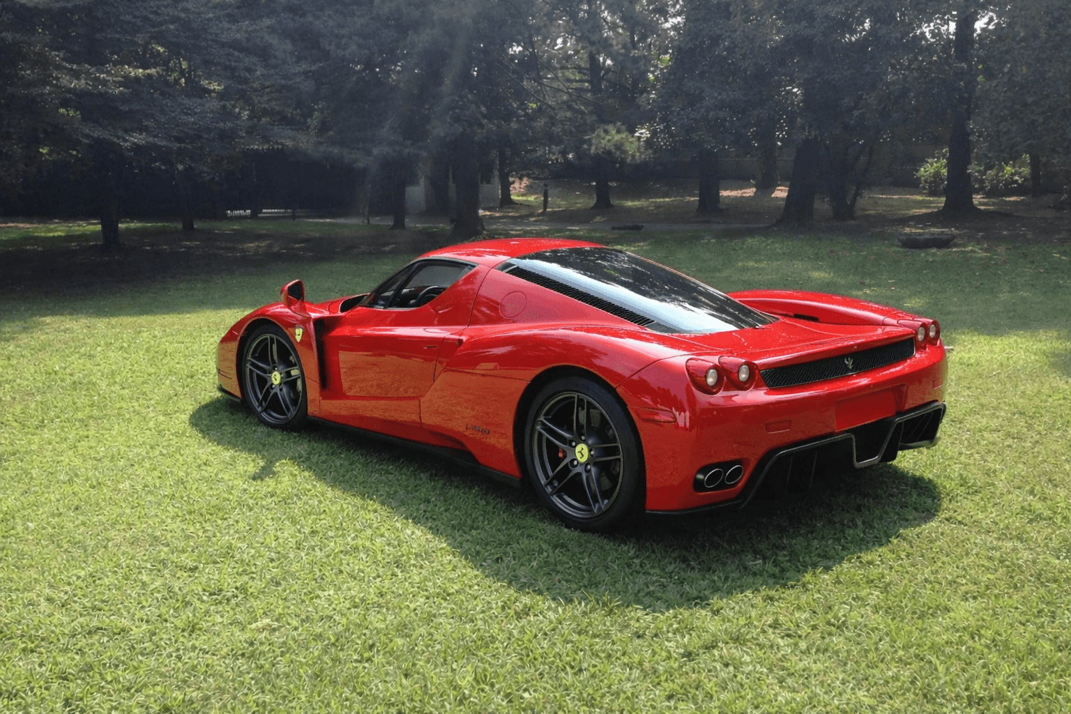 Red Ferrari Enzo supercar parked on a lush green lawn with trees in the background.
