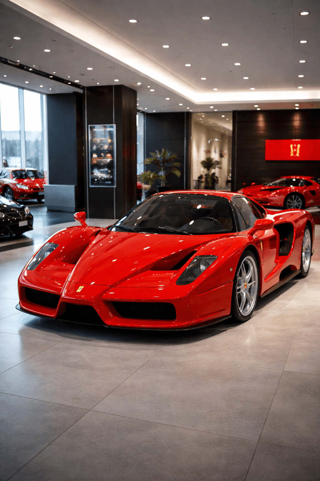 Red Ferrari Enzo supercar parked on a polished floor in a luxury car showroom.